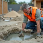 Ouvrier de construction en vesthivernale inspectant une dalle de beton fraîche