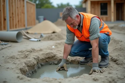 Ouvrier de construction en vesthivernale inspectant une dalle de beton fraîche