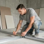 Ouvrier mesurant des rails de montants métalliques pour un doublage placo dans une pièce en construction