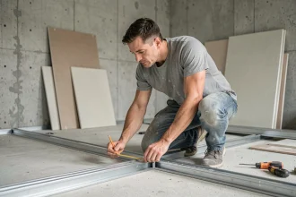 Ouvrier mesurant des rails de montants métalliques pour un doublage placo dans une pièce en construction
