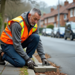 Ouvrier municipal en travaux de pavage dans un quartier résidentiel