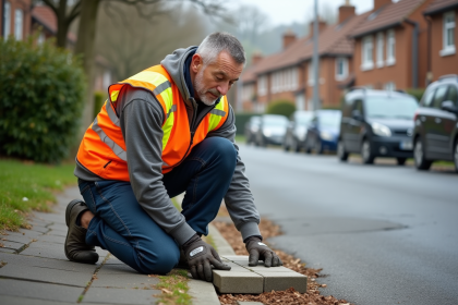 Ouvrier municipal en travaux de pavage dans un quartier résidentiel