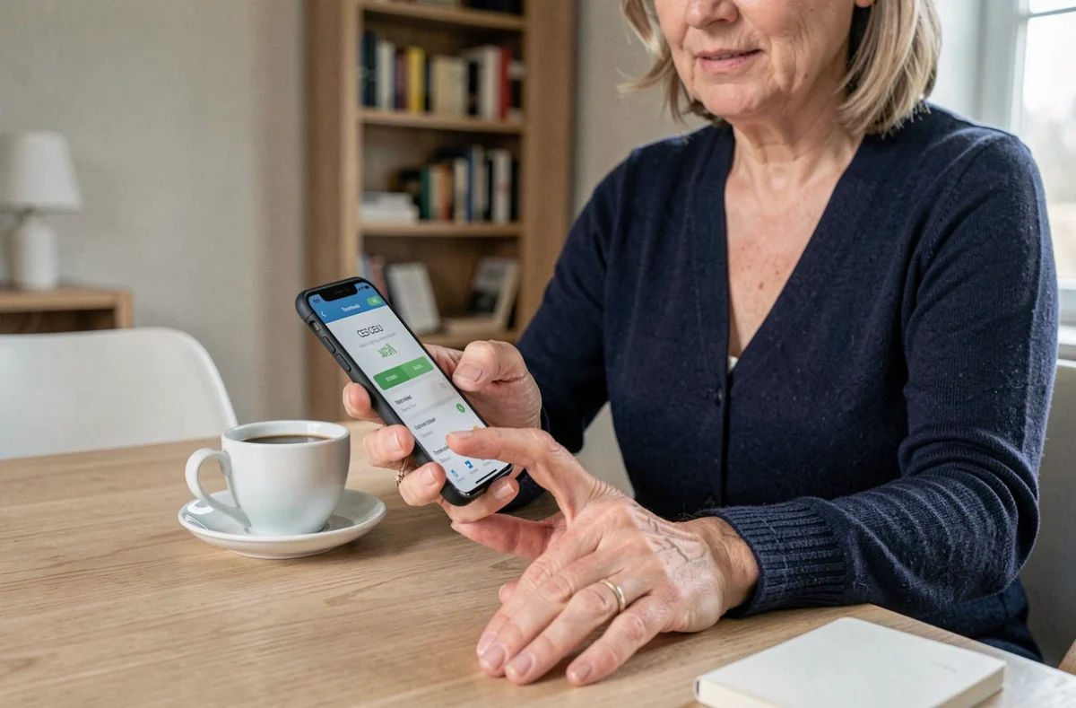 Femme effectuant un paiement CESU en ligne via smartphone pour régler sa femme de ménage
