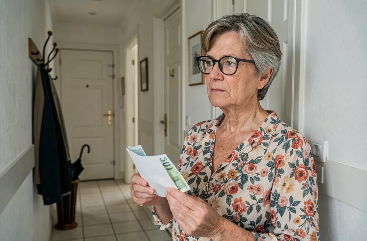 Femme tenant une enveloppe d'espèces pour payer sa femme de ménage dans un couloir d'appartement
