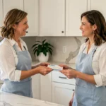 Employeur remettant un carnet CESU à une femme de ménage dans une cuisine moderne
