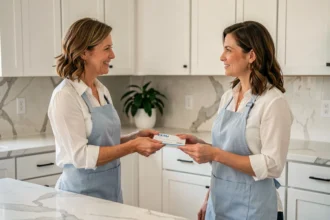 Employeur remettant un carnet CESU à une femme de ménage dans une cuisine moderne