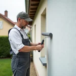 Peintre maison en action sur façade extérieure d'une maison française