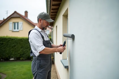 Peintre maison en action sur façade extérieure d'une maison française