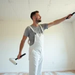 Peintre professionnel appliquant de la peinture blanche au rouleau sur un plafond de 50m² dans une pièce vide