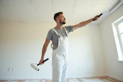 Peintre professionnel appliquant de la peinture blanche au rouleau sur un plafond de 50m² dans une pièce vide
