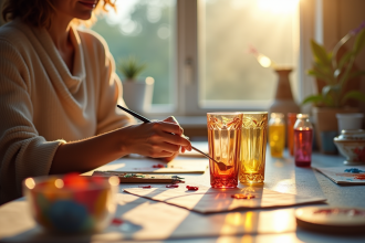 Personne peignant des motifs élégants sur des verres à boire à la lumière naturelle