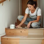 Femme appliquant une peinture ultra résistante sur des marches d'escalier en bois sans ponçage préalable