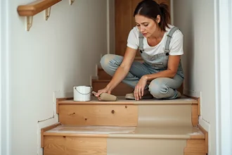Femme appliquant une peinture ultra résistante sur des marches d'escalier en bois sans ponçage préalable
