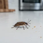 Petite bête marron de 3-4mm sur un plan de travail de cuisine blanche, vue en macro avec détails du corps segmenté et des antennes