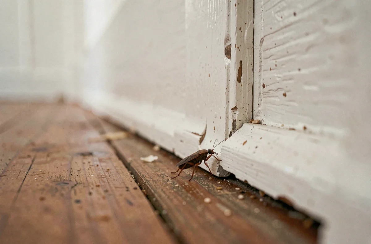 Petite bête marron longeant une plinthe en bois dans un couloir de maison, vue en angle bas montrant l'insecte dans son environnement domestique