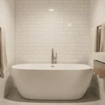 Petite salle de bain avec baignoire îlot ovale encastrée dans un espace étroit, carrelage blanc métro et robinetterie murale gain de place