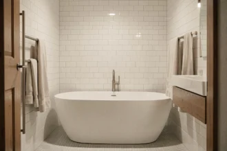Petite salle de bain avec baignoire îlot ovale encastrée dans un espace étroit, carrelage blanc métro et robinetterie murale gain de place
