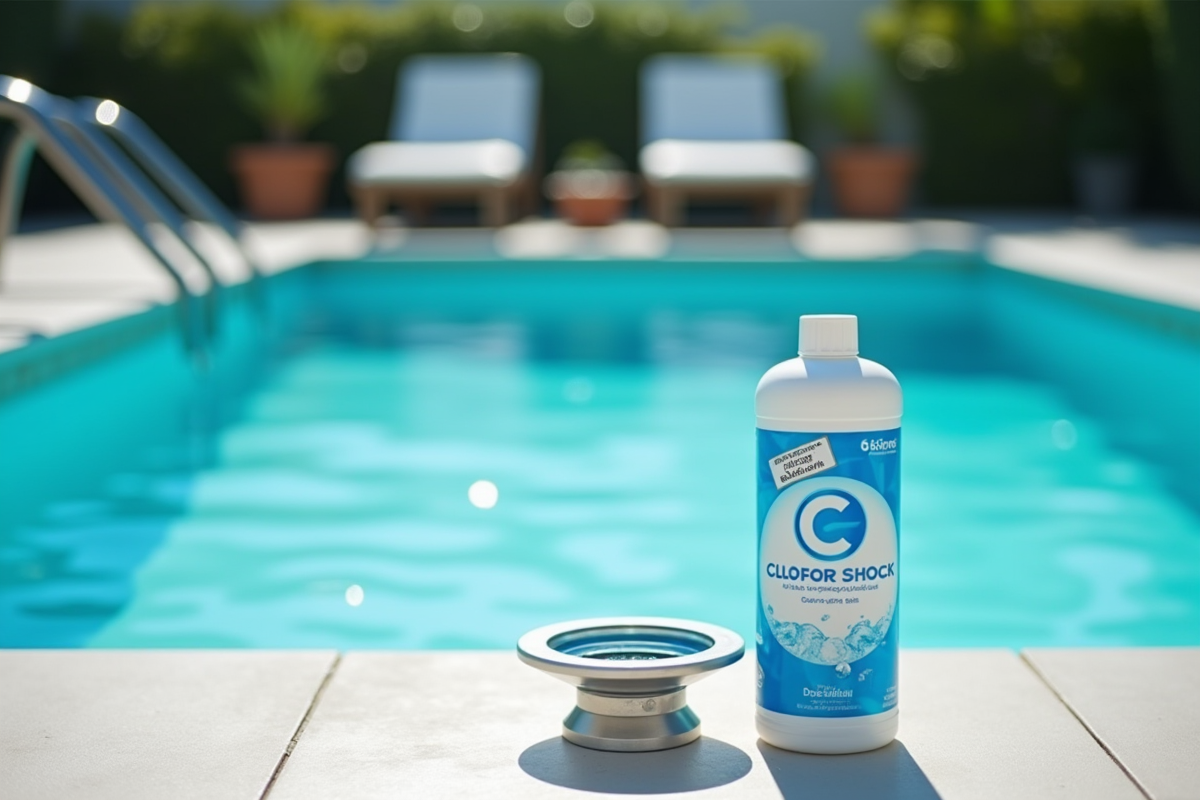 Piscine extérieure ensoleillée avec un contenant de chlore sur le deck