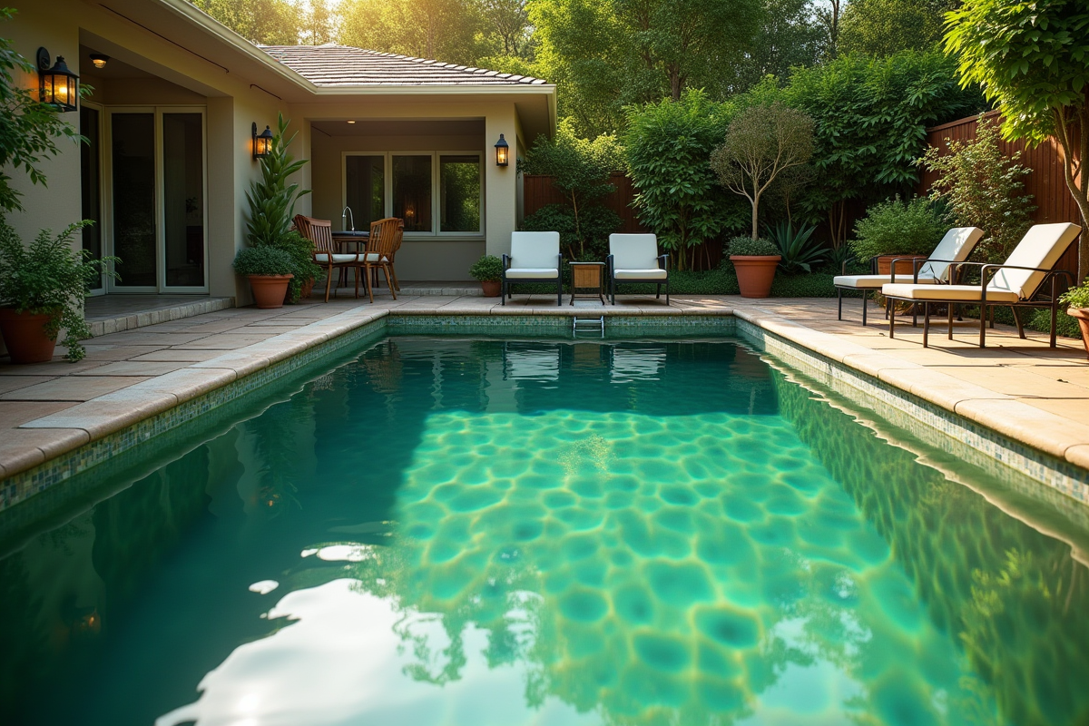 Piscine de jardin avec eau trouble à nettoyer