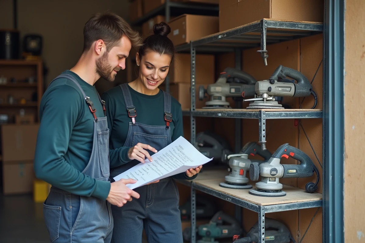 Deux personnes planifiant leurs travaux de rénovation dans un garage avec des outils loués rangés sur une étagère métallique
