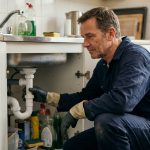 Plombier inspectant une canalisation bouchée sous un évier de cuisine