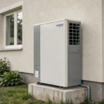 Pompe à chaleur air-eau installée sur la façade extérieure d'une maison contemporaine avec jardin