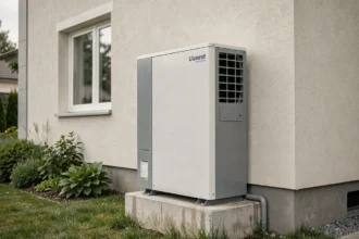 Pompe à chaleur air-eau installée sur la façade extérieure d'une maison contemporaine avec jardin