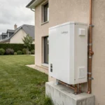 Pompe à chaleur Chaffoteaux 16kW installée en extérieur sur la facade d'une maison pavillonnaire française
