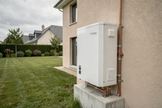 Pompe à chaleur Chaffoteaux 16kW installée en extérieur sur la facade d'une maison pavillonnaire française
