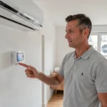 Homme expliquant le fonctionnement d'une unité intérieure de climatisation réversible dans un appartement moderne avec le groupe extérieur visible en arrière-plan