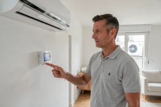 Homme expliquant le fonctionnement d'une unité intérieure de climatisation réversible dans un appartement moderne avec le groupe extérieur visible en arrière-plan