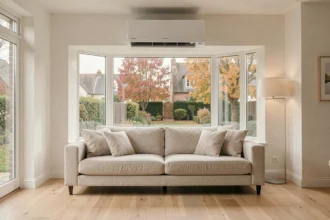 Pompe à chaleur air-air Hitachi installée dans un salon moderne et lumineux avec baies vitrées