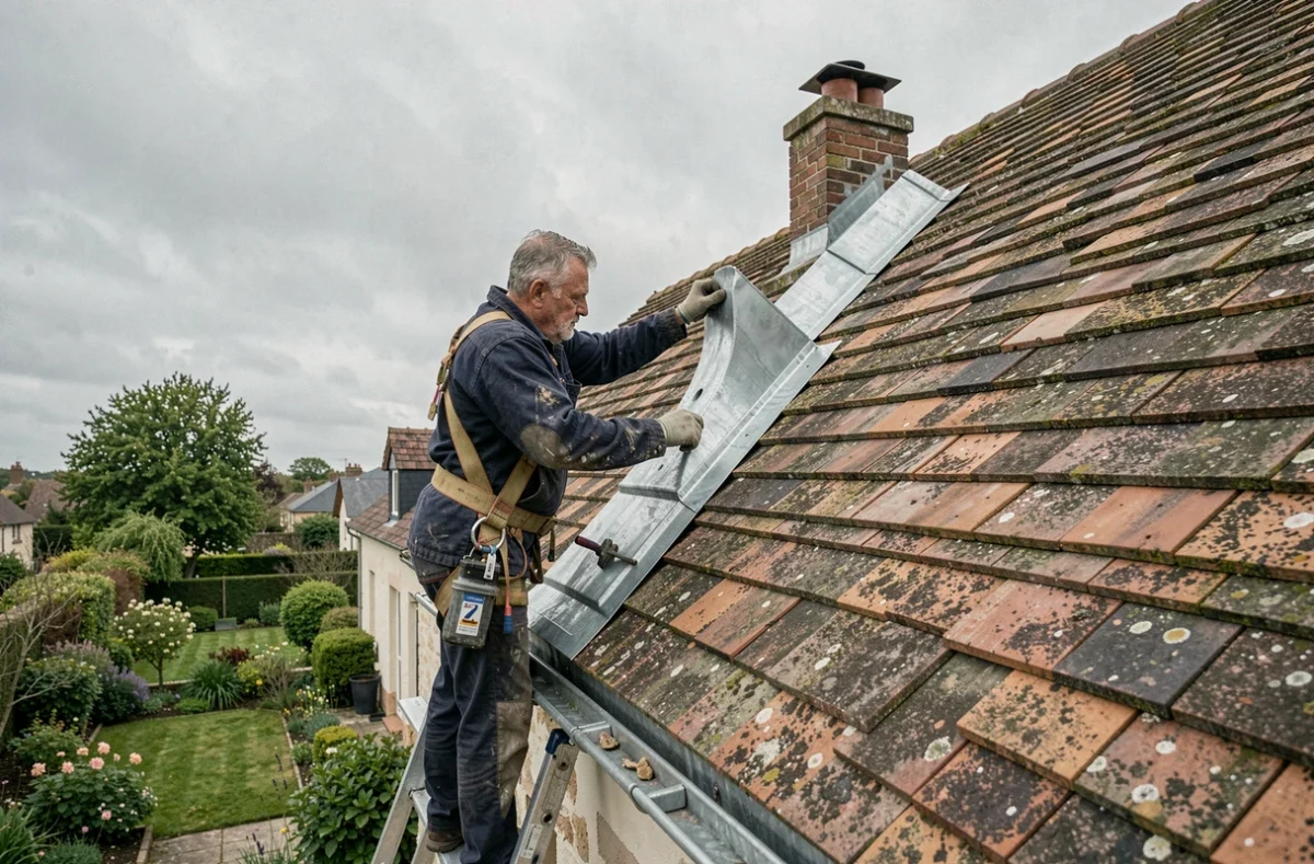 Artisan posant un acrotère en zinc sur une toiture en pente lors d'une rénovation résidentielle