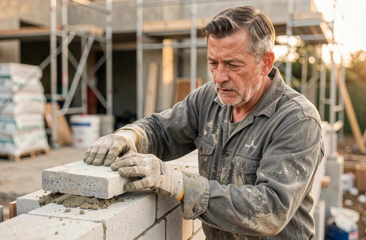 Maçon posant des chaperons en Terrasto sur un mur de clôture en cours de construction, détail des matériaux et du travail artisanal