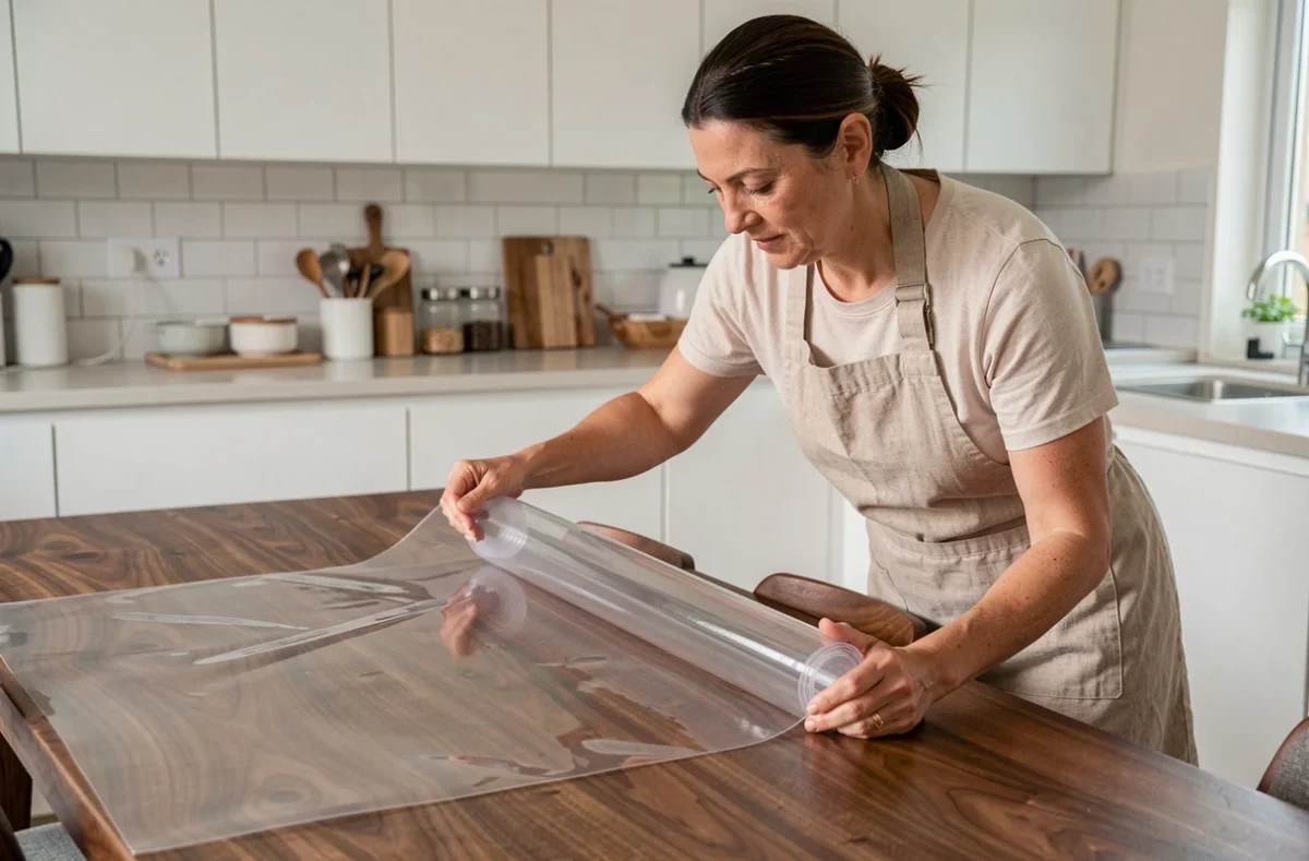 Femme installant une nappe cristal épaisse sur une table en noyer pour protéger le bois
