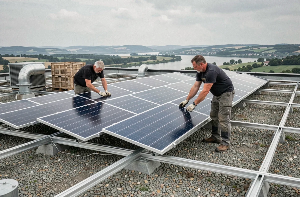 Deux techniciens posant des panneaux solaires sur un toit plat commercial à Nancy avec vue sur la vallée de la Moselle