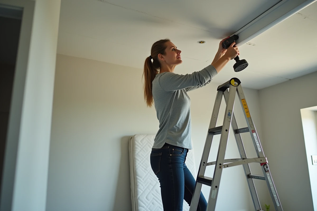 Femme effectuant elle-même la pose d'un rail de plafond toile dans une chambre en DIY