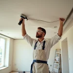 Professionnel installant une toile tendue au plafond dans un salon en rénovation