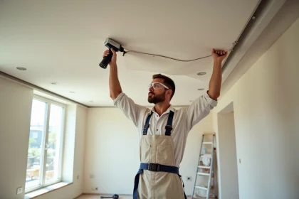 Professionnel installant une toile tendue au plafond dans un salon en rénovation