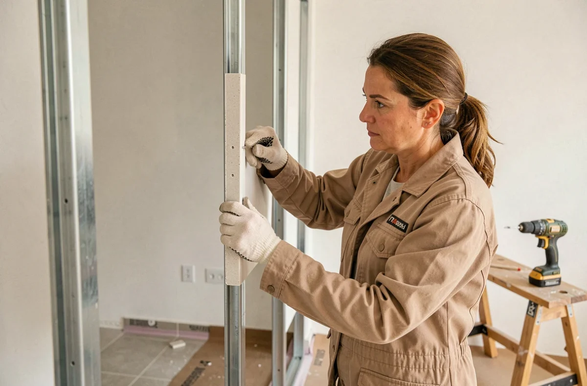 Femme posant des plaques de plâtre sur montants simples lors de travaux de doublage dans un appartement en rénovation