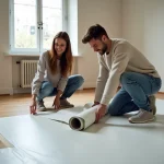 Jeune couple posant un sol en PVC dans un salon lumineux