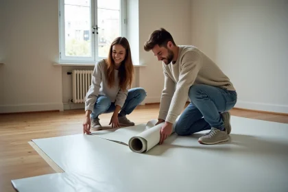 Jeune couple posant un sol en PVC dans un salon lumineux
