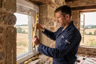 Poseur de fenêtres professionnel installant un châssis PVC double vitrage dans une maison en pierre traditionnelle de Nouvelle-Aquitaine