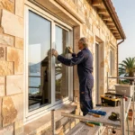Poseur de fenêtres professionnel installant une fenêtre double vitrage sur une maison provençale dans les Alpes-Maritimes avec la côte méditerranéenne en arrière-plan