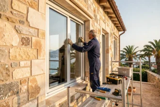 Poseur de fenêtres professionnel installant une fenêtre double vitrage sur une maison provençale dans les Alpes-Maritimes avec la côte méditerranéenne en arrière-plan