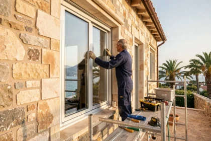 Poseur de fenêtres professionnel installant une fenêtre double vitrage sur une maison provençale dans les Alpes-Maritimes avec la côte méditerranéenne en arrière-plan
