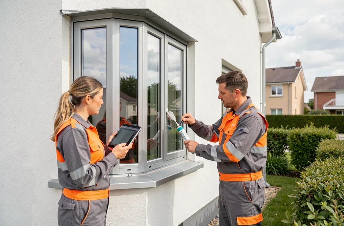 Deux techniciens poseurs de fenêtres inspectant une baie vitrée en aluminium installée sur une maison moderne en périphérie de Bordeaux en Nouvelle-Aquitaine