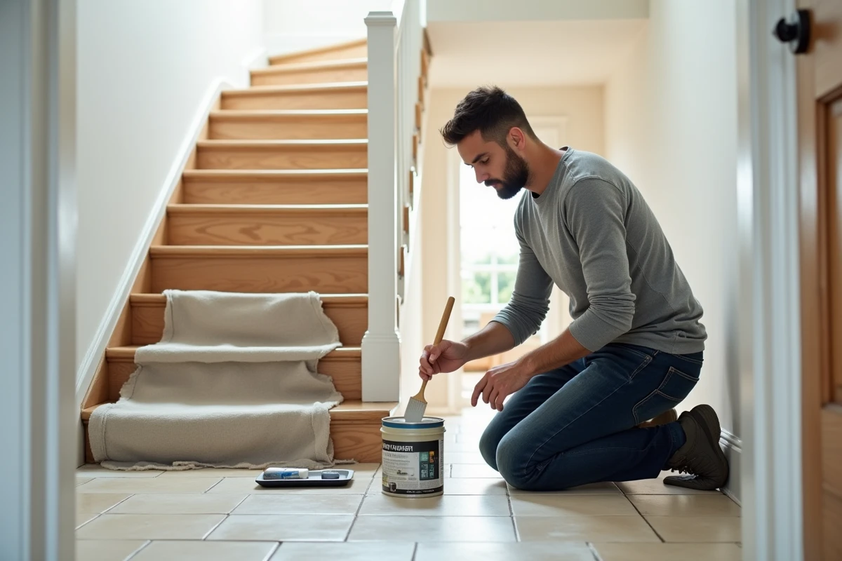 Homme en train de préparer une peinture ultra résistante pour repeindre un escalier en bois dans un couloir de maison