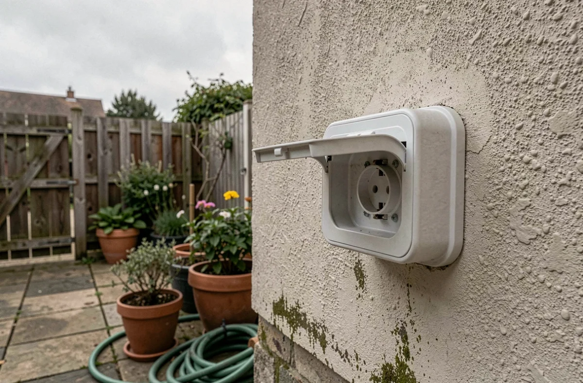 Prise électrique extérieure étanche montée sur façade de maison individuelle avec protection pour usage en extérieur