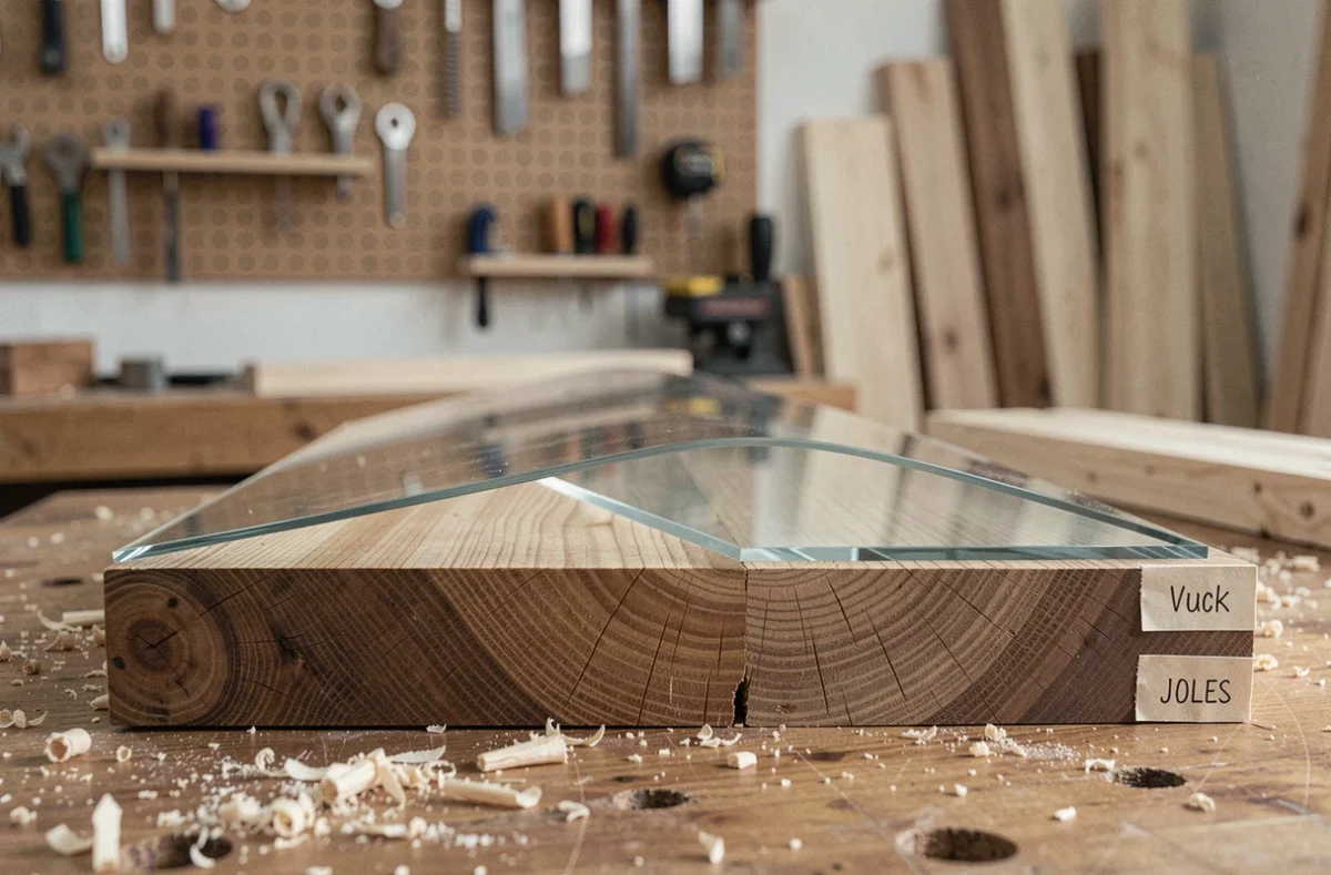 Vue de profil comparant l'épaisseur de deux nappes cristal pour protéger une surface en bois